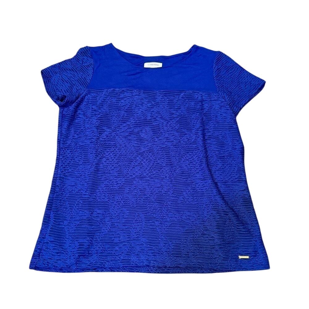 Calvin Klein‎ Women's Medium Fitted Blue Blouse Short Sleeve Top Floral Lined